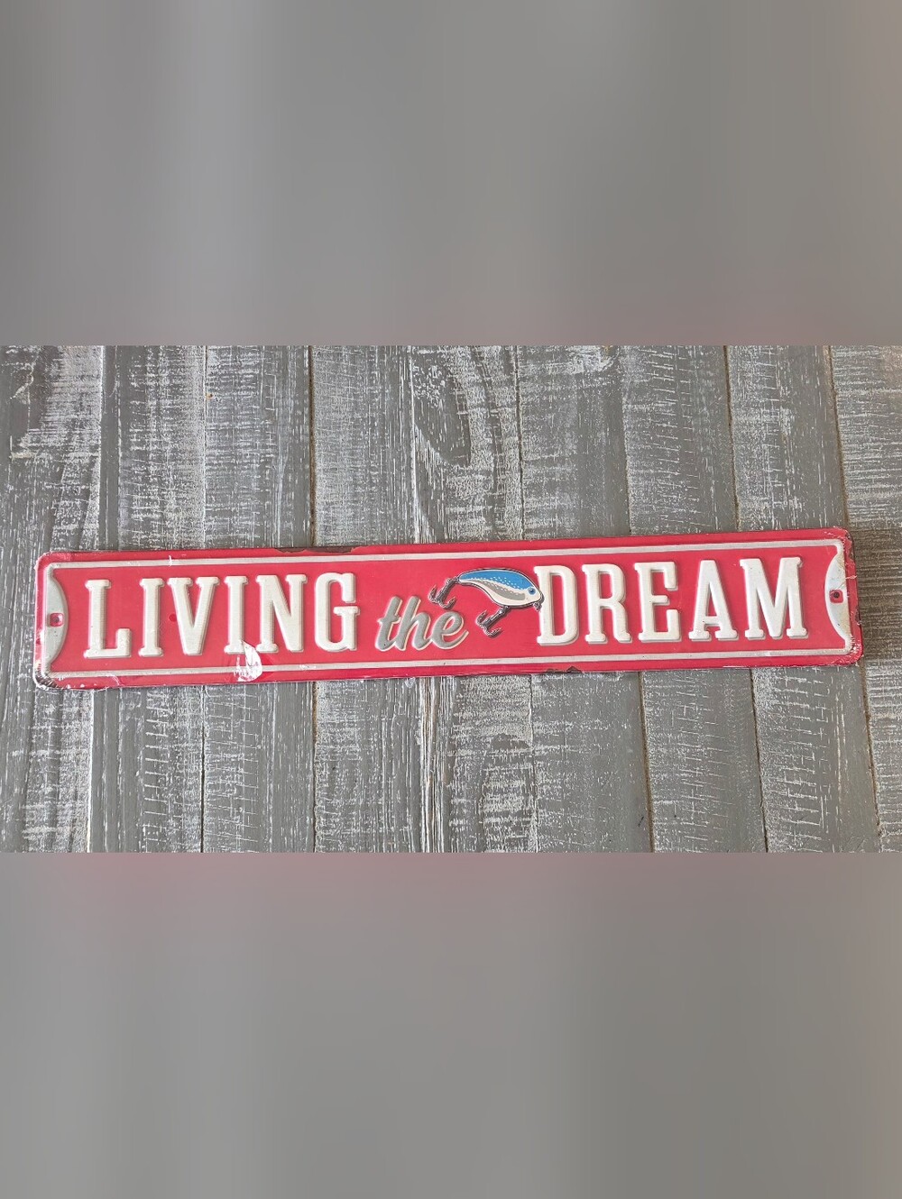 LIVING THE DREAM Vintage Distressed Metal Street Wall Sign, Fishing, 3.5"x20"